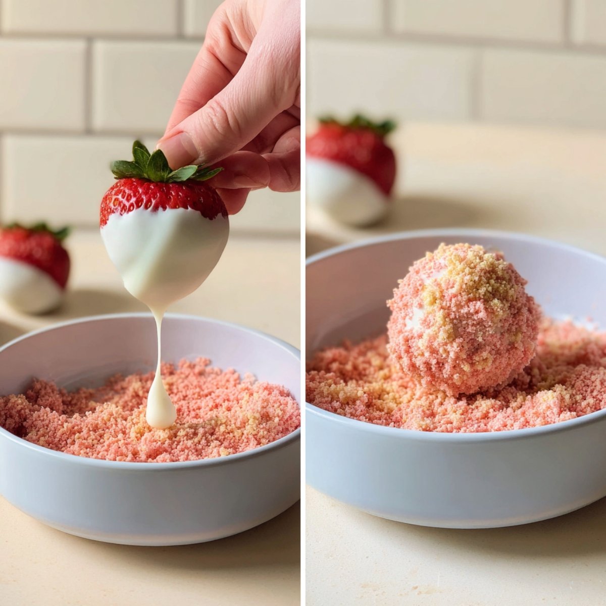 Cheesecake stuffed strawberry dipped in white chocolate and rolled in strawberry shortcake crumbs