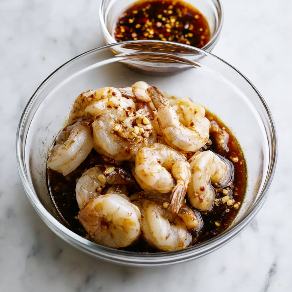 Raw shrimp marinating in a bowl with honey, garlic, and chili flakes, ready to be cooked in a savory sauce.