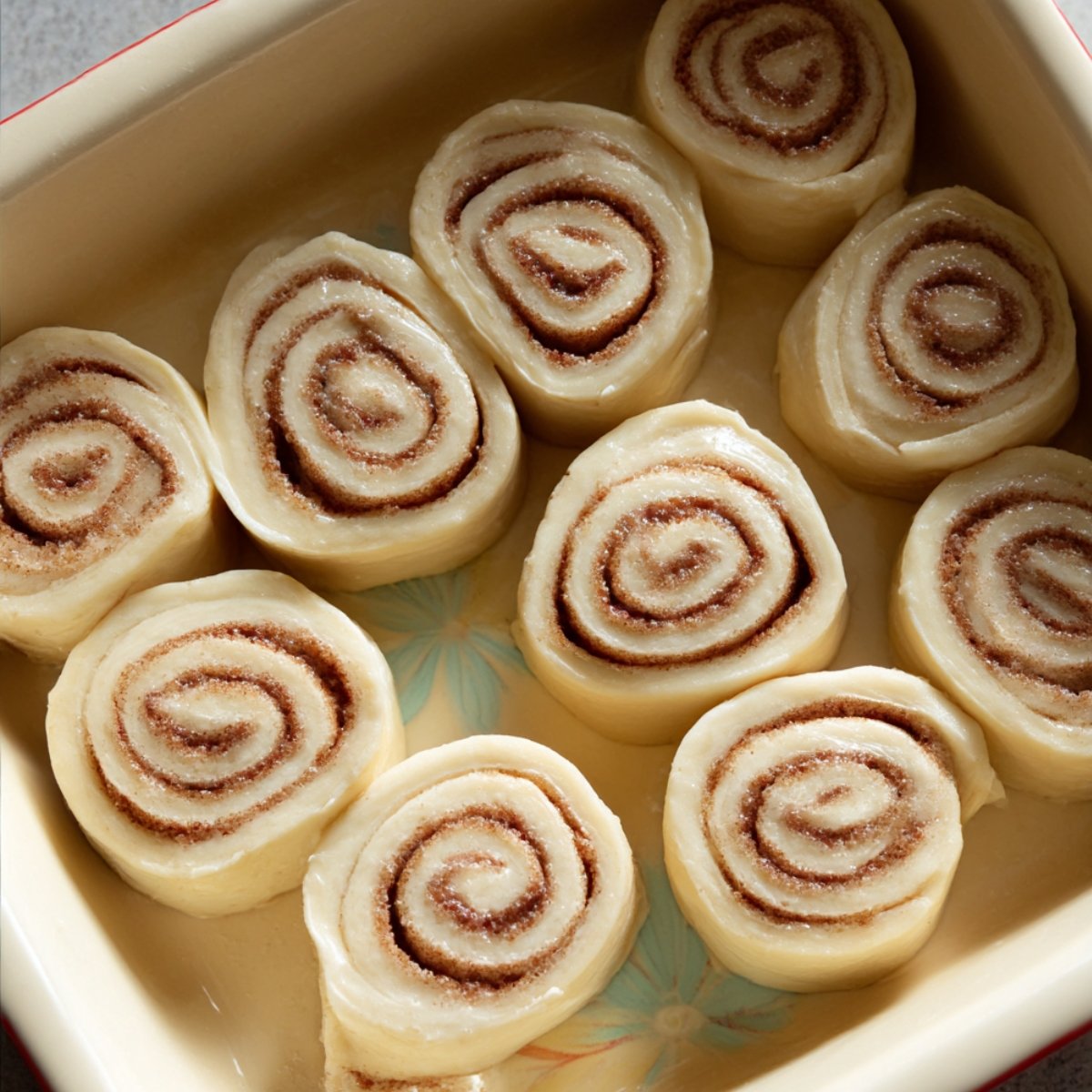 Unbaked cinnamon rolls with cinnamon sugar swirl arranged in a baking dish before baking