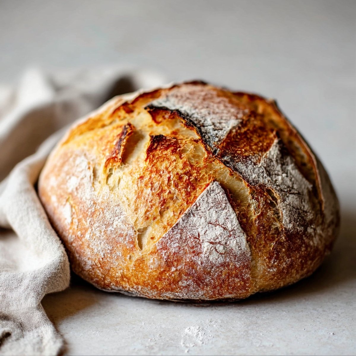 A close-up shot of freshly baked, golden-crusted Dutch oven bread with a perfect crack on top, showcasing its rustic texture and artisanal look, ready to be enjoyed.