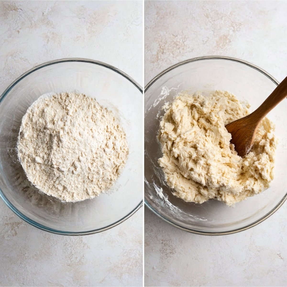 A side-by-side image showing the process of making Dutch oven bread, with flour on the left and the dough being stirred on the right, demonstrating the transformation from dry ingredients to a sticky dough.