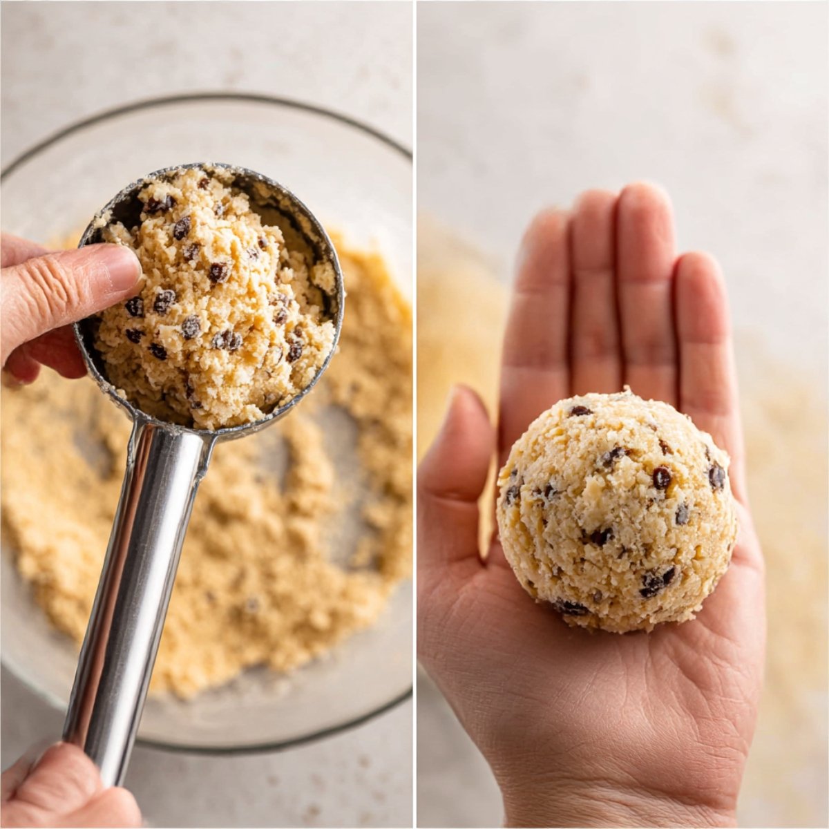 A close-up image showing cookie dough with chocolate chips being scooped into a ball shape, ready to be baked as part of a moose farts recipe.
