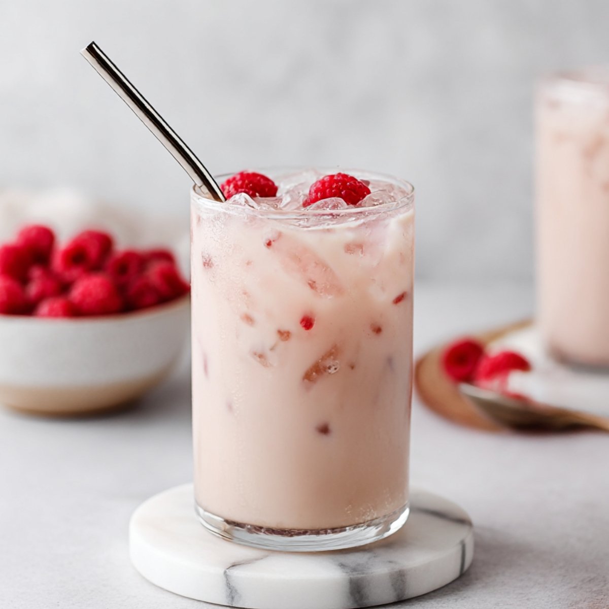 Refreshing vanilla raspberry iced drink with a creamy base, garnished with fresh raspberries and ice. Perfect for a cool, sweet summer treat.