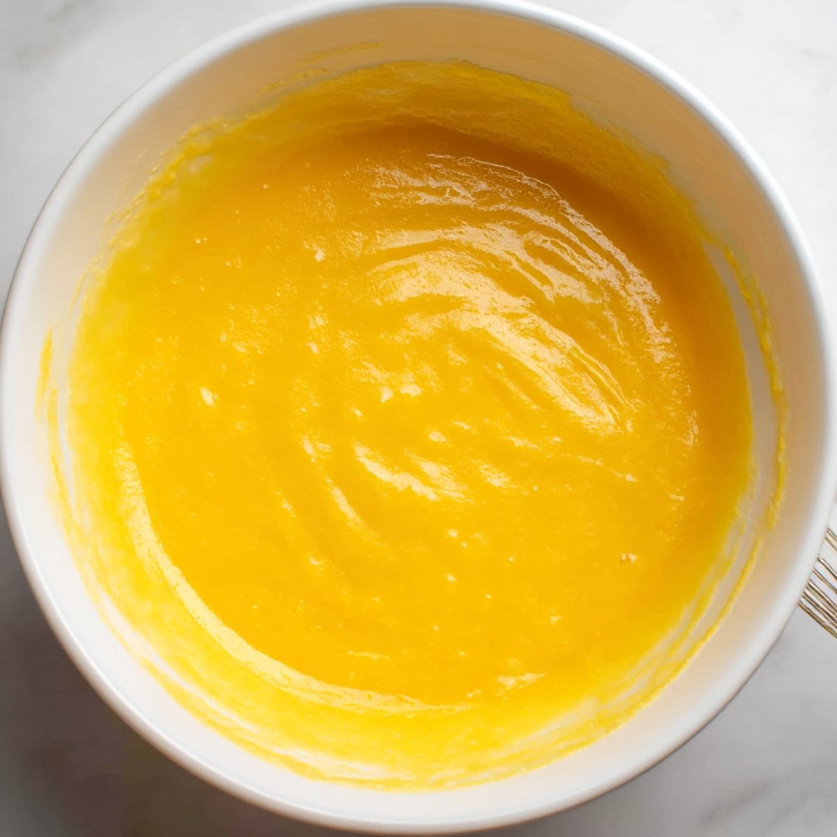 A close-up of a smooth mixture of wet ingredients, including eggs and butter, whisked together for a chocolate raspberry cake batter.