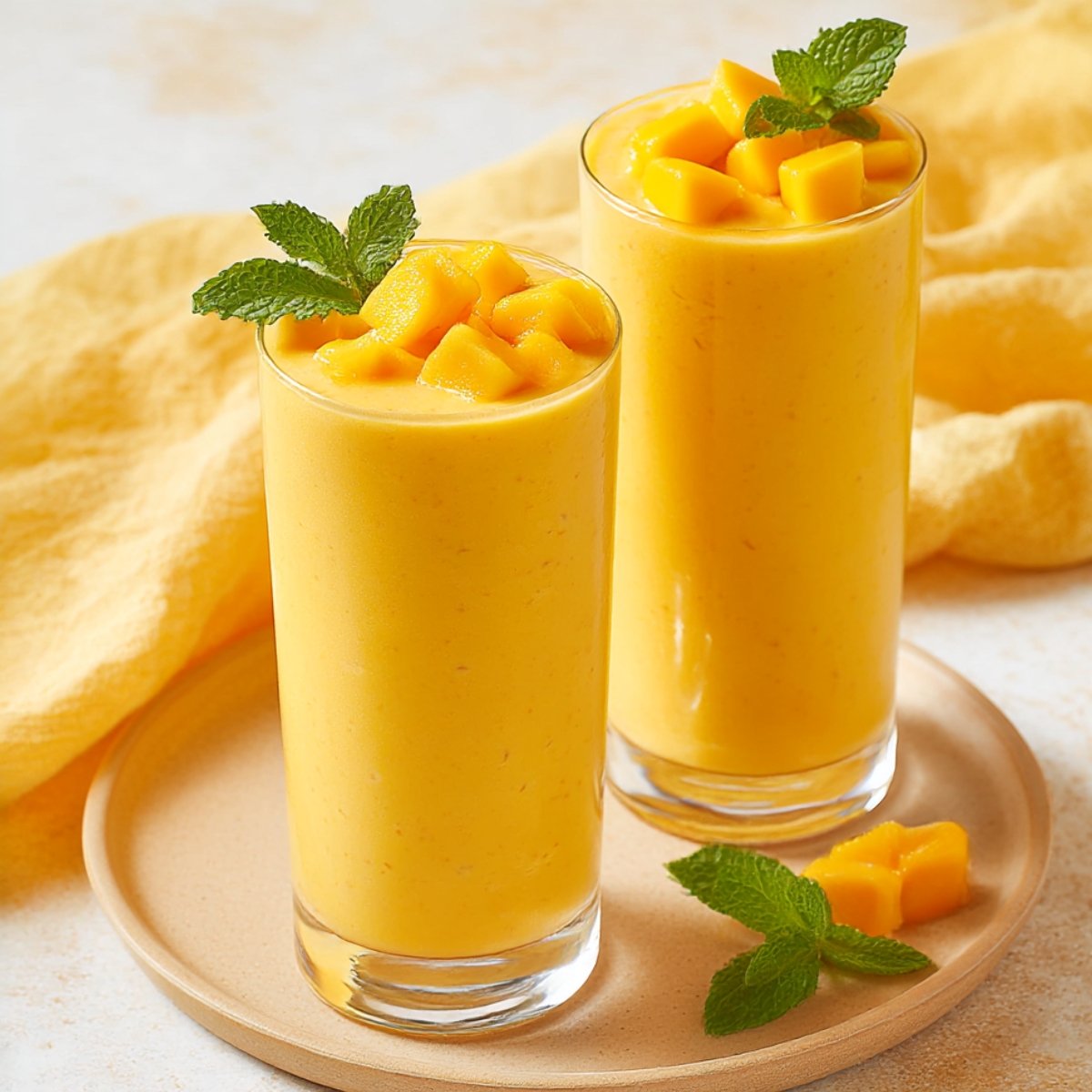 Two tall glasses of creamy mango smoothie topped with fresh mango cubes and mint leaves, served on a light plate with a yellow cloth in the background, showcasing a refreshing tropical smoothie recipe.