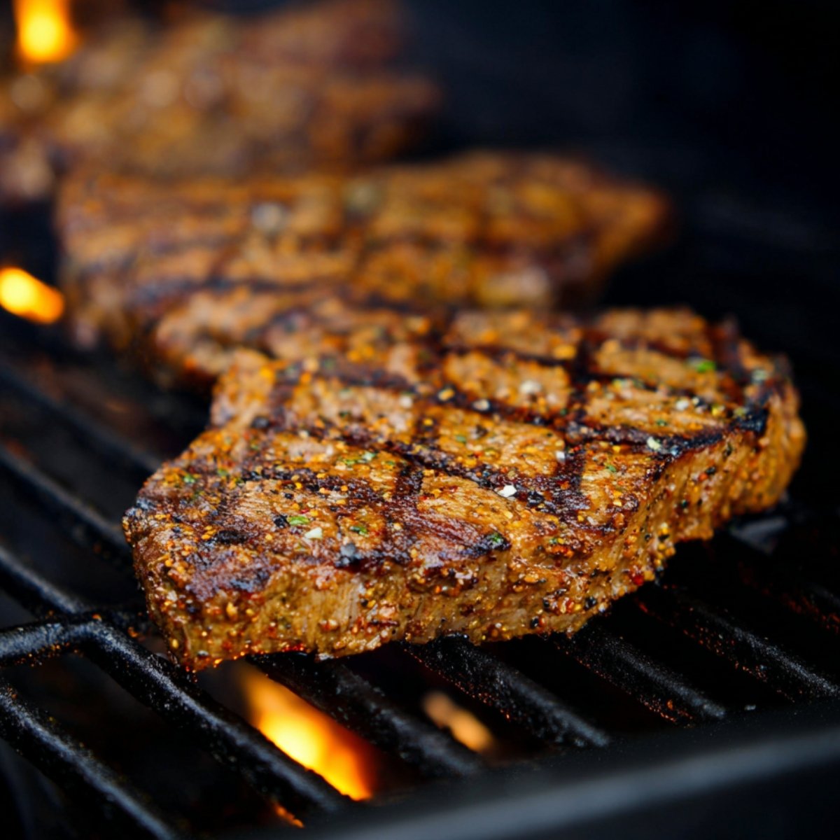 Juicy Mexicali-style steak sizzling on a hot grill with perfectly seared crosshatch marks, coated in a flavorful spice rub, ready to be sliced for a burrito bowl.