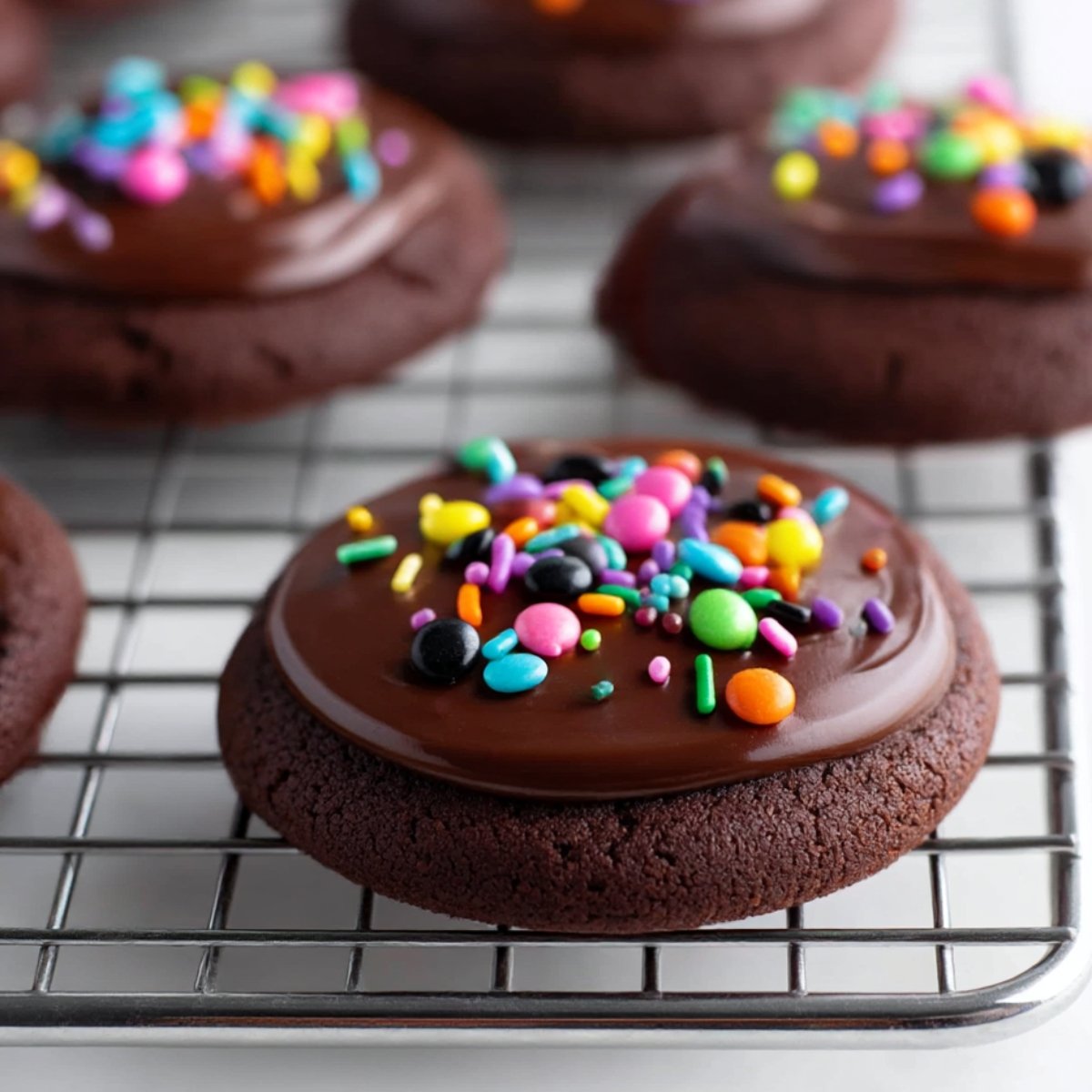 Close-up of rich, fudgy chocolate brownie cookies topped with glossy chocolate frosting and colorful cosmic sprinkles, cooling on a wire rack – perfect fudgy cosmic brownie recipe.