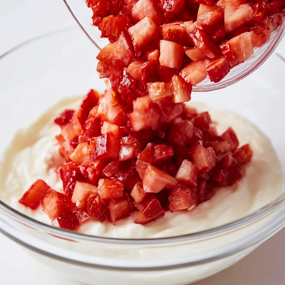 Chopped fresh strawberries being poured into creamy cheesecake filling in a clear glass bowl, perfect for making strawberry cheesecake egg rolls or other desserts.
